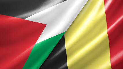 Obraz premium Palestine and Belgium two national flags filling the entire frame, close-up view, edge-to-edge composition