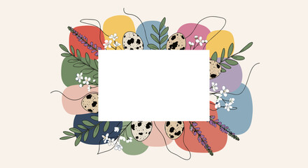 Fototapeta premium A decorative frame featuring colorful Easter eggs and flowers in a modern vector style, ideal for holiday greetings and invitations