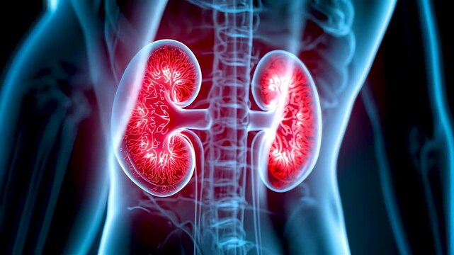 Detailed Human Kidney Anatomy Highlighted in Red Within Transparent Torso Showing Internal Organs Structure