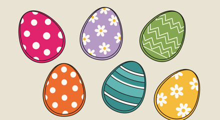 A collection of six colorful decorated Easter eggs in a flat modern vector style, perfect for spring holiday designs