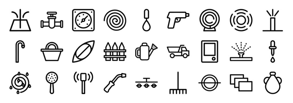 Professional landscaping and irrigation system line icons for gardening maintenance. Technical monoline pictograms featuring water control, agricultural tools, and outdoor plumbing elements.