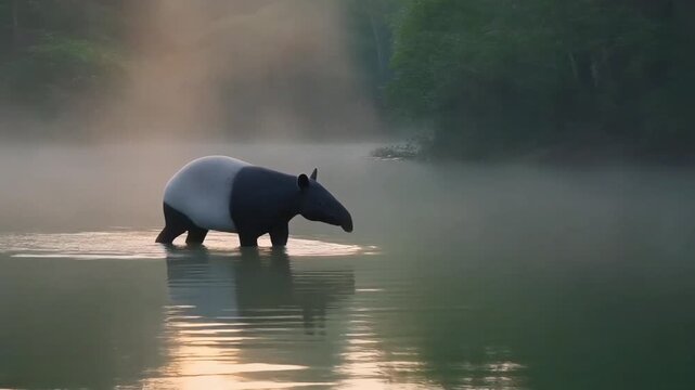 A majestic tapir stands calmly in a misty river at dawn, surrounded by lush jungle foliage.