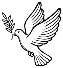 Obraz premium Flying dove with olive branch, symbol of peace and hope, simple black outline.