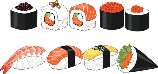 Assorted Sushi Set with Nigiri Maki Rolls Shrimp Salmon Caviar and Hand Roll Japanese Food Vector Illustration © MstLinaAkter