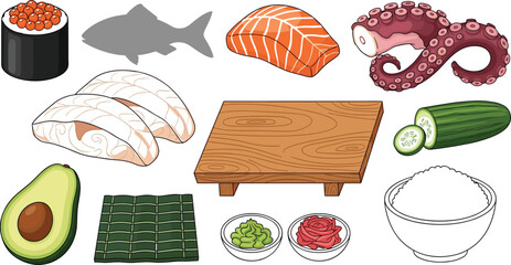 Sushi Ingredients Set with Salmon Octopus Rice Nori Avocado Cucumber and Wooden Board Japanese Cuisine Vector Illustration © MstLinaAkter