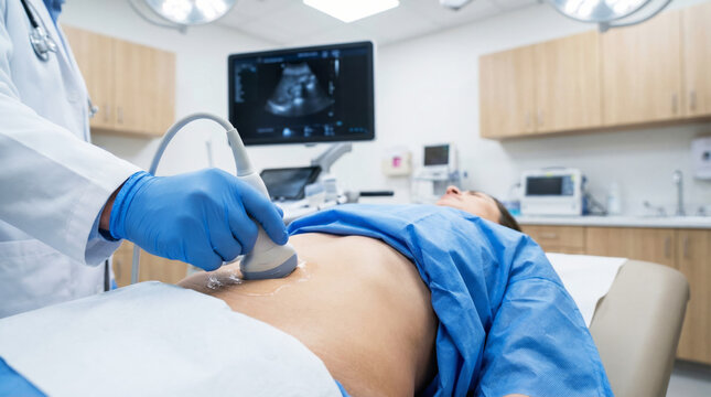 Doctor Holding Ultrasound Probe, Patient Lying On Examination Table. Medical Ultrasound, Diagnosis, Pregnancy Monitoring, Modern Healthcare Technology. Patient In Hospital