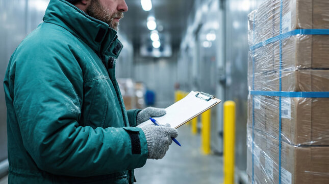 Frozen food quality control check worker in cold storage warehouse