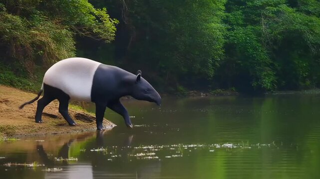 A Malayan tapir walks towards the water's edge and steps into a tranquil lake in a lush tropical forest.