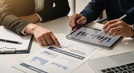 Business meeting analyzing data with tablet and reports