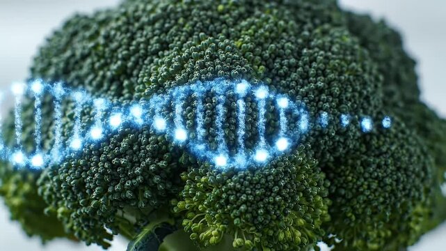Close up macro video of a fresh green broccoli floret with a glowing blue DNA helix superimposed, highlighting healthy