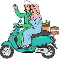 Muslim People Going Back Home by Motorbike