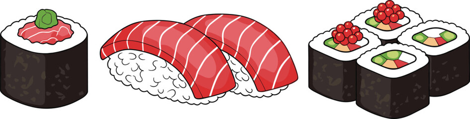 Tuna Nigiri and Sushi Roll Set with Caviar and Avocado Traditional Japanese Cuisine Vector Illustration Isolated Collection © MstLinaAkter