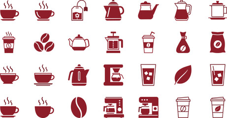 Coffee and Tea Red Glyph Icon Set with Cups Kettle Beans Coffee Machine Takeaway Mug and Beverage Symbols Vector Collection