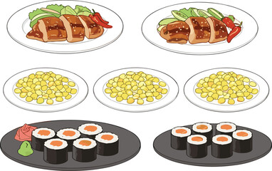 Asian Food Dishes Collection with Sushi Rolls, Grilled Meat and Corn Salad Plates Vector Illustration © Sumon Creative