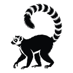 Lemur with long striped tail wrapped upward Vector, Silhouette, Illustration
