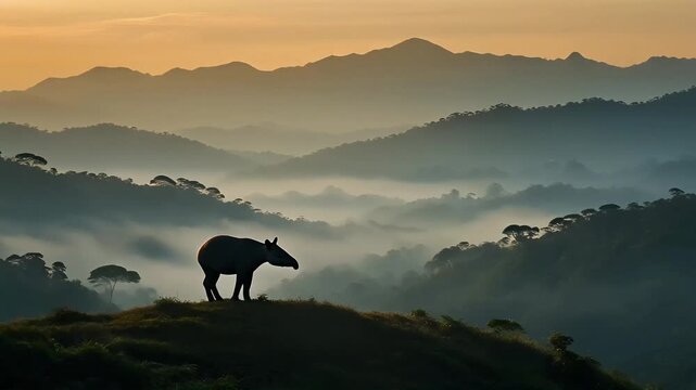 A tapir stands silhouetted on a misty mountain peak, overlooking a vast jungle landscape at a beautiful golden sunrise.