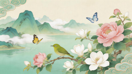 Naklejka premium Traditional Chinese style landscape illustration featuring flowers, birds, and butterflies by a tranquil lake with mountains and clouds in the background.