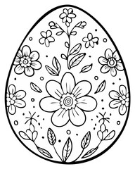 Ornate Easter Egg with Floral Design Black and White Ready for Coloring