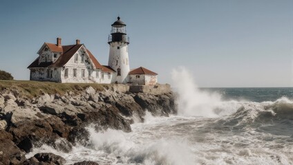 Aged lighthouse with attached buildings stands on a rocky coast as waves crash during a storm
