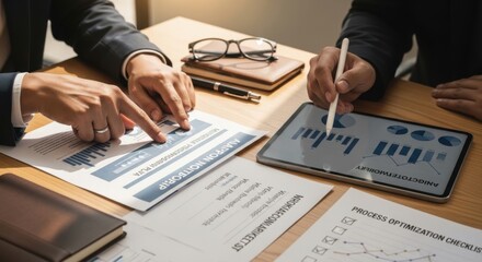 Business meeting analyzing data on paper and tablet