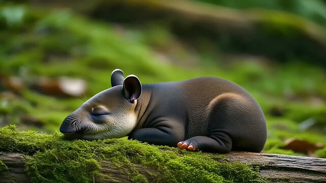 A baby tapir is sleeping peacefully on a moss-covered log in a lush forest.