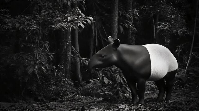 A Malayan tapir stands calmly in a dark, monochrome jungle environment.