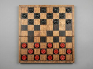 Wooden chess board with black and brown squares set on a table, ready for a strategic game of chess or checkers