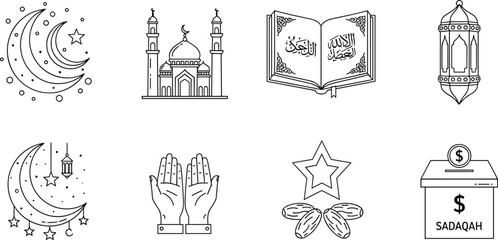 Ramadan Kareem Islamic Line Icon Collection Featuring Crescent Moon Mosque Quran Lantern Prayer Hands Dates and Sadaqah Box Vector Set