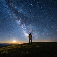 Fototapeta premium Contemplating the Cosmos - A Lone Figure Under the Milky Way.