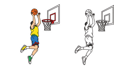 Basketball player jumping for a slam dunk vector illustration. Includes both a colorful flat design and a black and white line art outline version perfect for coloring pages. © SHOHAG