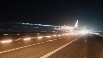 Airplane on illuminated runway at night, streaks from lights, bright headlights