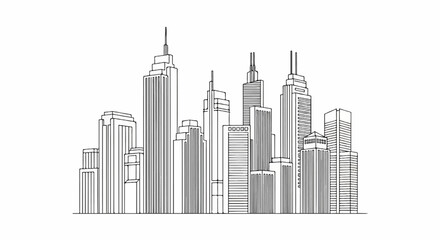 Obraz premium A line drawing depicts a dense urban skyline with various tall buildings