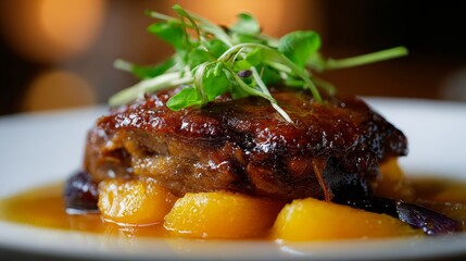 Glazed braised meat with microgreens and roasted squash