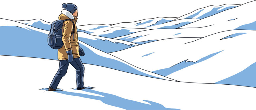 Resilient winter explorer navigating through a vast snowy mountain range in the quiet alpine wilderness minimalist vector landscape