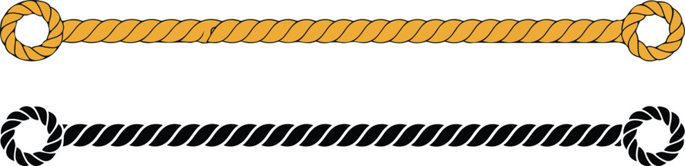 Set of two twisted rope illustrations in natural tan and black with looped ends for nautical and rustic design. © Md