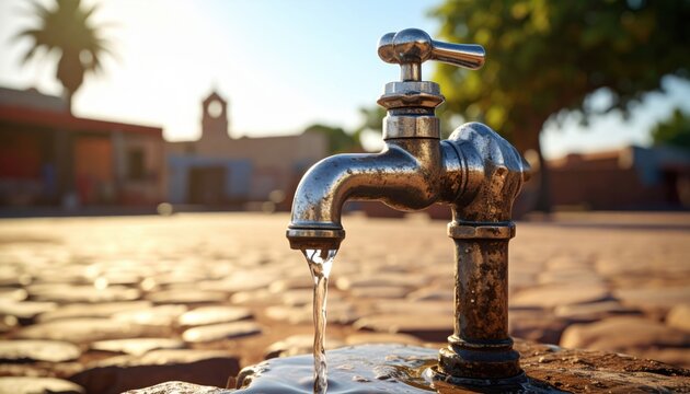 A sturdy metal communal water tap with persistent drips, surrounded by worn stones, captured in a realistic photography style, an image by FlyPro_Firefly.