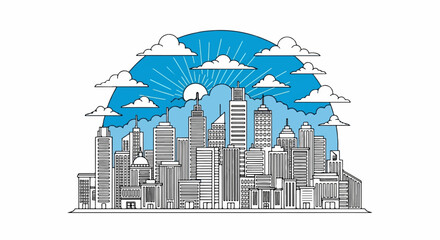 Obraz premium Stylized drawing of a city skyline with skyscrapers, clouds, and a sunburst