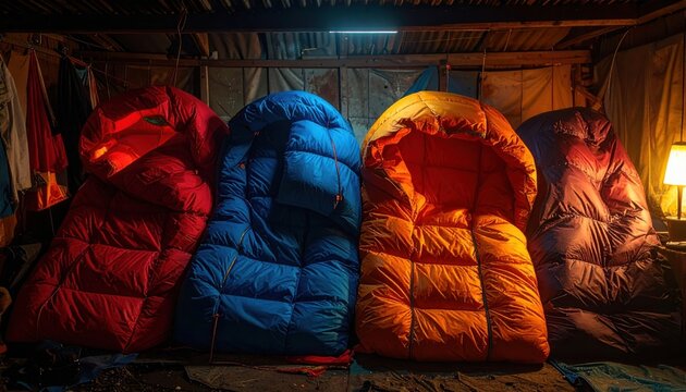 FlyPro Firefly brightly colored sleeping bags, designed for warmth, professionally shot under dim communal lodging light in a temporary shelter, offering comfort.