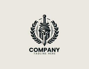 Obraz premium Classical warrior helmet with sword and laurel wreath is presented as detailed monochrome vector logo