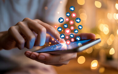 Close up of hands interacting with smartphone screen social media hands, smartphone, social media thumbs up, hearts, mobile phone, screen, interaction, digital, technology, communication, online, like