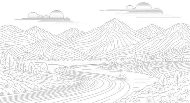 A serene line art landscape illustration featuring majestic mountains, a winding river with a small boat, lush trees, and fluffy clouds, perfect for coloring books or nature-themed designs.