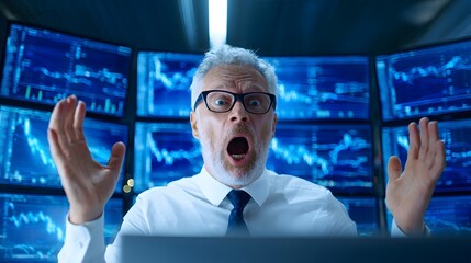 Financial Shock: A trader with glasses is frozen in shock and awe as market prices change in front of multiple display screens.