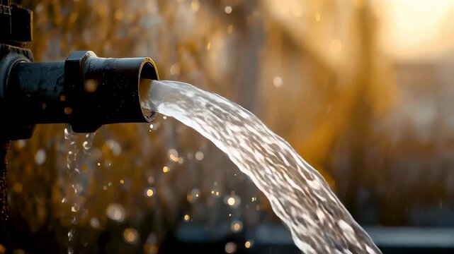 Clear Water Flowing from Metal Pipe into Outdoor Environment with Sunlit Droplets and Natural Bokeh