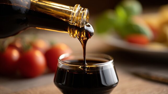 Thick balsamic vinegar being poured into a glass bowl