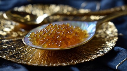 Golden salmon roe on mother-of-pearl spoon