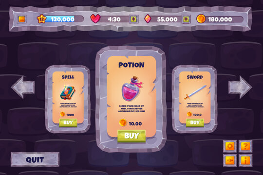 Game store ui. Fantasy rpg shop stone interface, rock menu buttons frame magic wizard goods potion sword spell book medieval 2d mobile gaming cartoon background vector illustration