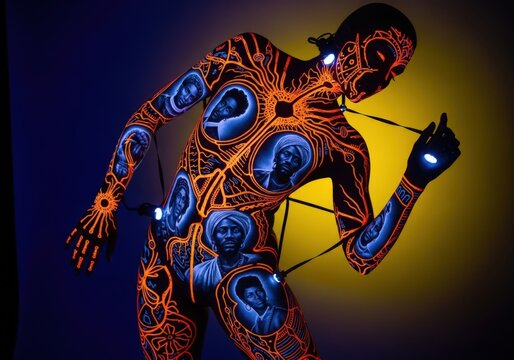 A glowing body adorned with strange, colorful tattoos, in the style of orange epoxy-propyl UV-reactive ink, inspired by installations