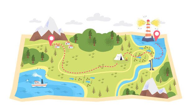 Hiking trail map. Mountain trekking path forest nature expedition travel route lighthouse camp tent adventure journey track way tour guide tourist orienteering vector illustration