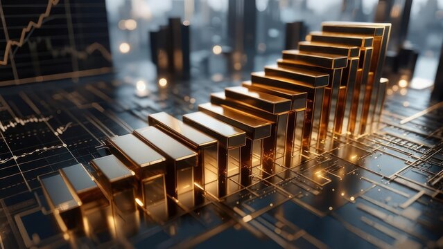 Gleaming gold staircase graph rises against a cityscape, suggesting financial success & progress