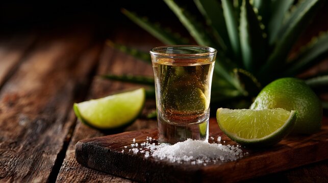 Tequila shot with lime and salt on wooden board
